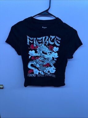 No Boundaries Black Graphic Dragon Crop Tee with Red Accents